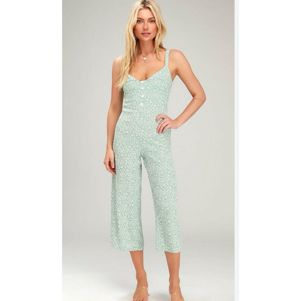 Faithfull The Brand Anthropologie Green White Floral Fairy Boho Jumpsuit Pastel
